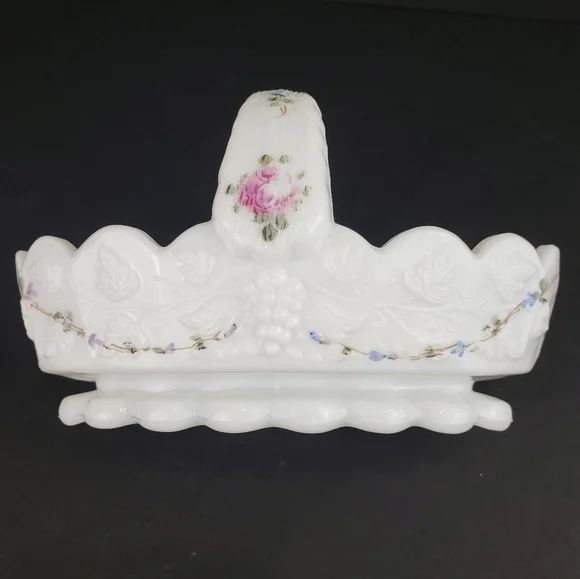 Westmoreland Milk Glass Basket Roses and Blue Vine Grapes Candy Dish Vintage - Picture 11 of 16